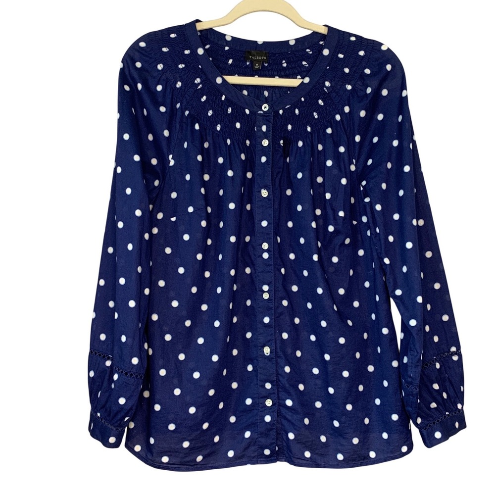 Talbots Women Navy White Polka Dot Smocked Neck Button Up Long Sleeve Blouse M